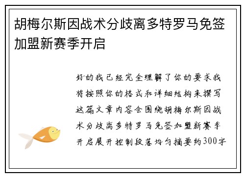 胡梅尔斯因战术分歧离多特罗马免签加盟新赛季开启