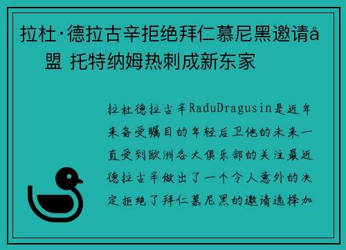 拉杜·德拉古辛拒绝拜仁慕尼黑邀请加盟 托特纳姆热刺成新东家